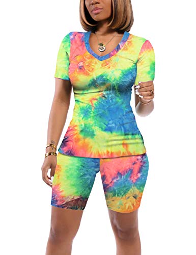 Tie Dye Shorts Set for Women Summer 2 Piece Outfits Cute Workout Sets L