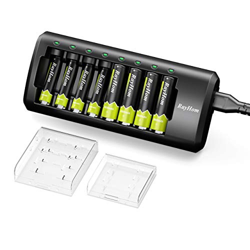 RayHom Charger with AA AAA Batteries - 8Bay Battery Charger for AA AAA Ni-MH Ni-Cd Rechargeable Batteries with AA Batteries 2800mAh (4Pcs) & AAA Rechargeable Batteries (4Pcs)