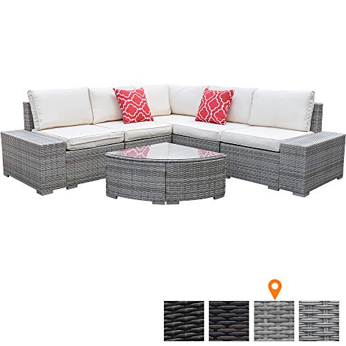 On Shine 6 Pieces Outdoor Patio Wicker Rattan Sofa,Outdoor Rattan Furniture Set with Comfortable Cotton Cushions and Glass Table,Manual Weaving Wicker Rattan Patio Conversation Sets (Gray)