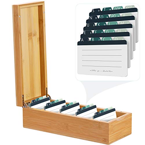 MaxGear Business Card Holder 2.2 x 3.5 inches Index Cards Organizer Box Desktop Cards File Note Card Holders for Rolodex Wood Organizers, Bamboo, 5 Divider Boards for 600 Cards, A-Z Tabs