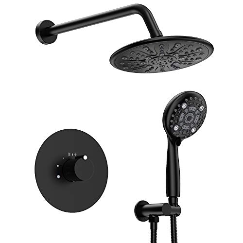 SunCleanse Shower System, Bathroom Rainfall Shower Faucet Set Complete with 6-Setting Handheld Shower Head Combo, Included Rough in Valve and Trim Kit, Matte Black
