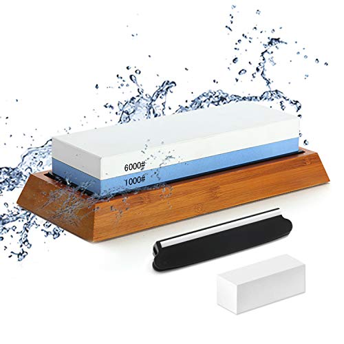 Double-sided Sharpening Stone 1000/6000, with Corner Guide, Correction stone, Non-Slip Bamboo Base, Dual-Grit Wet Sharpener Anti-slip design Best Wet Sharpener