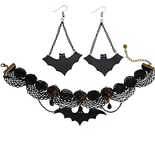 Bat Necklace Bat Earring, Bat Chain Necklace Pendant Set Gothic style Halloween Creepy Dark Accessories Fit for ladies, girls and More