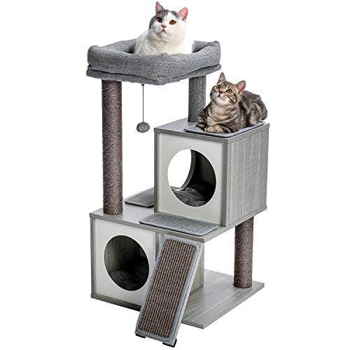 PAWZ Road Cat Tree Luxury Cat Tower with Double Condos, Spacious Perch, Fully Wrapped Scratching Sisal Posts and Replaceable Dangling Balls- Wooden Grey