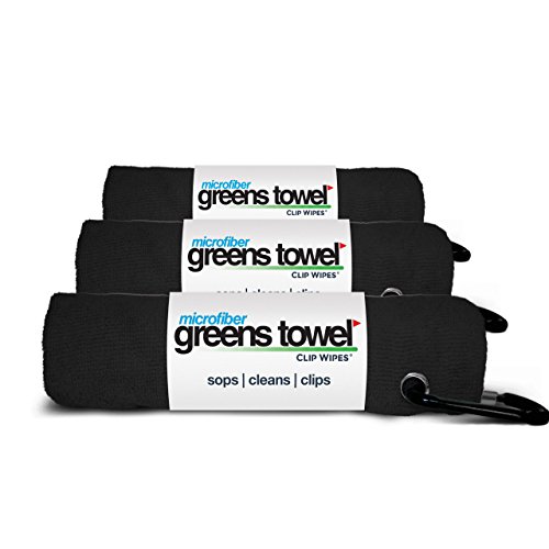 Greens Towel 3 Pack Black | Convenient Microfiber Golf Towels with Clip (Jet Black)