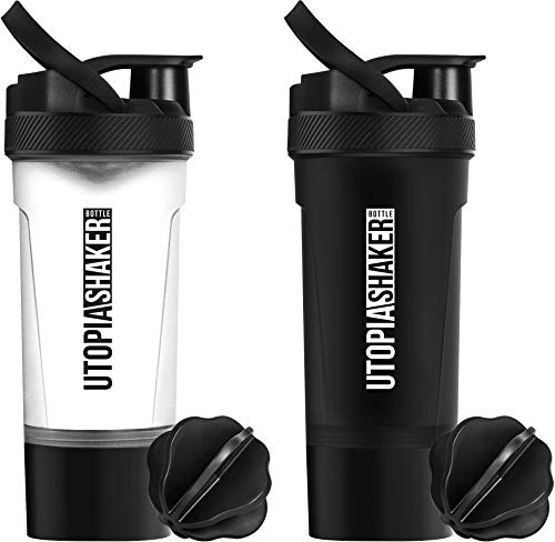 Utopia Home [2-Pack] Shaker Bottle - Fitness Sports Classic Protein Mixer Bottle with Twist and Lock Protein Box Storage (24-Oz / 700 ml) - BPA Free & Leakproof