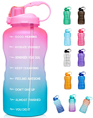 Giotto Large 1 Gallon/128oz (When Full) Motivational Water Bottle with Time Marker & Straw, Leakproof Tritan BPA Free for Fitness, Gym and Outdoor Sports-Light Pink/Green Gradient