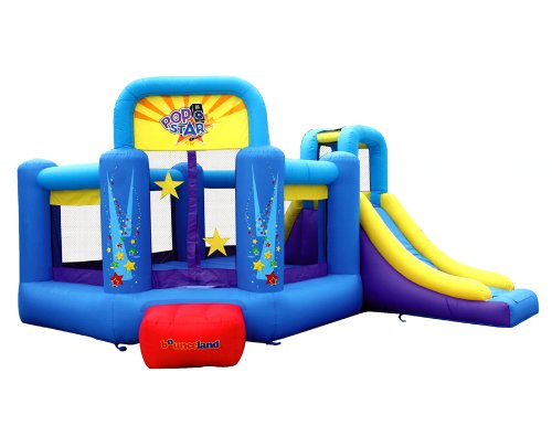 Bounceland Pop Star Inflatable Bounce House Bouncer, Large Bouncing Area with Long Slide, Climbing Wall, Basketball Hoop, UL 1HP Blower Included, 15 ft x 13 ft x 8.3 ft H, Pop Star Kids Party Theme
