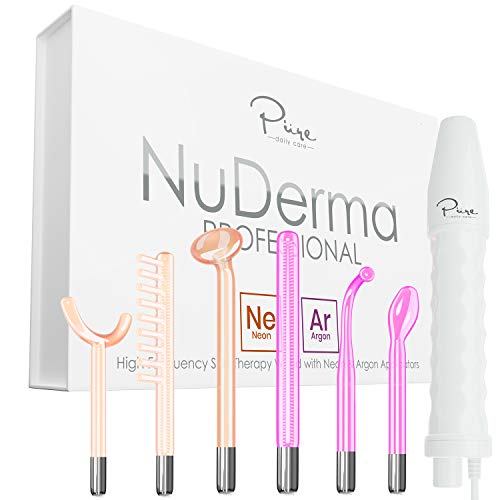 NuDerma Professional Skin Therapy Wand - Portable Handheld High Frequency Skin Therapy Machine with 6 Neon & Argon Wands - Acne Treatment - Skin Tightening - Wrinkle Reducing – Facial Skin Lifter