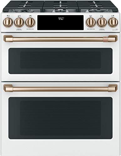 Cafe Matte Collection Series 30 Inch Slide-in Dual Fuel Range with 6 Burners, Sealed Cooktop, Double Ovens, 4.3 cu. ft. Primary Oven Capacity, in Matte White