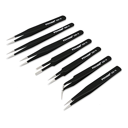 PIXNOR Precision Tweezer Set - 7Pcs ESD Anti-static Tweezers Set Stainless Steel Long Tweezers with Curved, Pointed, Slanted Tips for Eyebrow, Eyelash Extension, Craft, Jewelry, Soldering & Laboratory