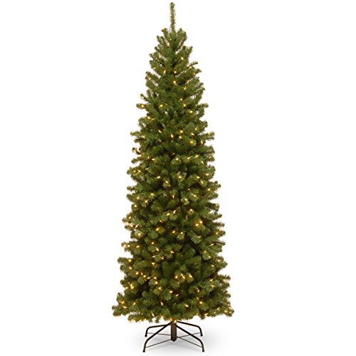 National Tree Company Pre-lit Artificial Christmas Tree | Includes Pre-strung White Lights and Stand | North Valley Spruce Pencil Slim - 7 ft