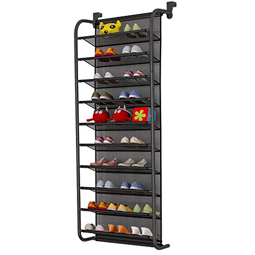 FKUO 10-Tier Over The Door Shoe Organizer Hanging Shoe Storage with 2 Customized Strong Metal Hooks for Closet Pantry Kitchen Accessory - Space Saving Solution (Black, 10 Layer)