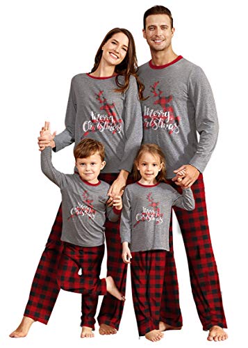IFFEI Matching Family Pajamas Sets Christmas PJ's Sleepwear Merry Christmas Reindeer with Plaid Pants for Kids & Adult (X-Large Men)