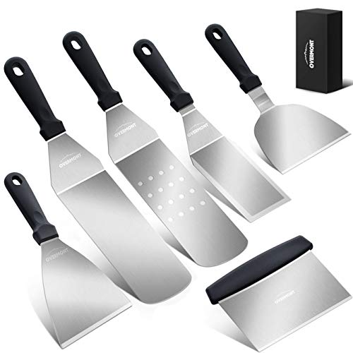 Overmont Griddle Accessories Tool Kit 6 Piece Professional Grill Spatula & Scraper Set Flipper Stainless Steel for Flat Top Grill Hibachi BBQ Camping Cooking Dishwasher Safe