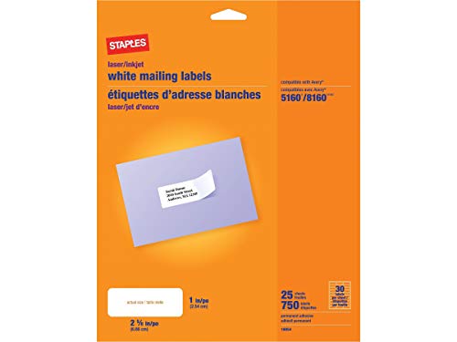 White Mailing Labels for Laser & Inkjet Printers, 1' x 2-5/8', 750/Box