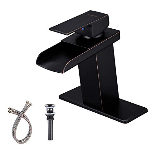 BWE Waterfall Bathroom Sink Faucet Single Handle One Hole Deck Mount Lavatory Oil Rubbed Bronze Commercial