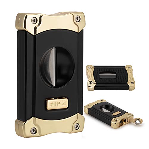 XIFEI Cigar Cutter, Stainless Steel V-Cut Cigar Cutter Built-in Cigar Puncher (Black Gold-1)