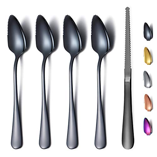 Amazon Brand Black Grapefruit Spoons 5 Pieces Set, 4 Stainless Steel Grapefruit Spoon And 1 Grapefruit knife With Titanium Plating, Grapefruit Utensil Set, Serrated Edges Spoon pack of 5 (Black)