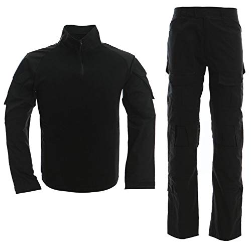 LANBAOSI Men's Tactical Combat Shirt and Pants Set Long Sleeve Multicam Woodland BDU Hunting Military Uniform 1/4 Zip Black
