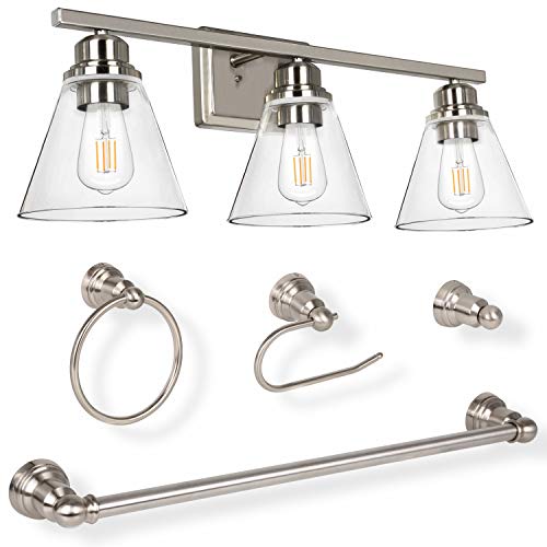 3-Light Vanity Light Fixture, 5-Piece All-in-One Bathroom Set (Led Edison Bulbs as Bonus), Brushed Nickel Wall Sconce Lighting with Glass Shads, ETL Listed