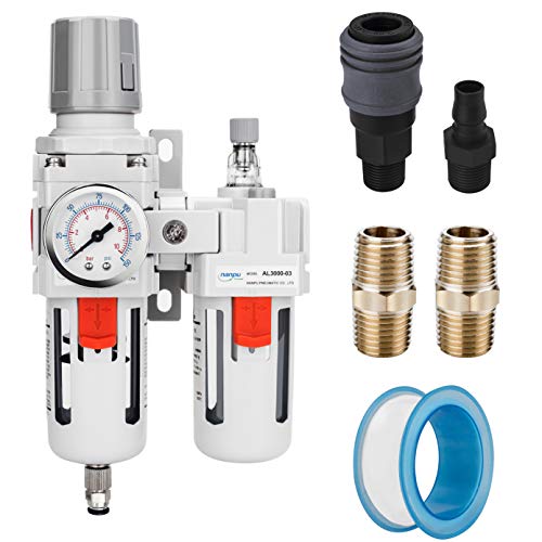NANPU 3/8' NPT Compressed Air Filter Regulator Lubricator Combo Water/Oil Trap Separator - Gauge(0-150 psi), Poly Bowl, Semi-Auto Drain, Bracket - 3 in 1 Two Unit