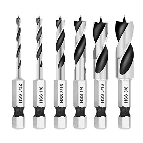 COMOWARE Brad Point Stubby Drill Bit Set for Wood, 6pcs HSS 4241 Steel with 1/4-Inch Quick Change Hex Shank