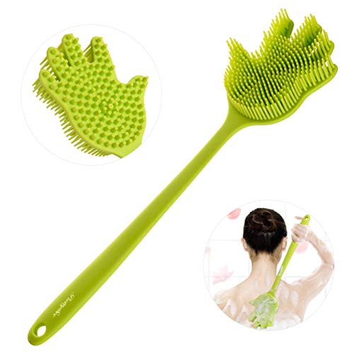 PRETTY SEE Slicone Bath Body Brush Exfoliator, Back Brush Long Handle for Shower with Soft Bristles, Back Scrubber,Fashion Hand Style,Green