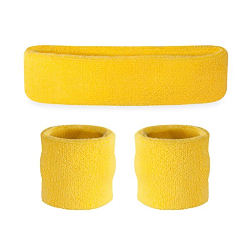 Suddora Kids Sweatband Set (1 Headband and 2 Wristbands) (Neon Yellow)