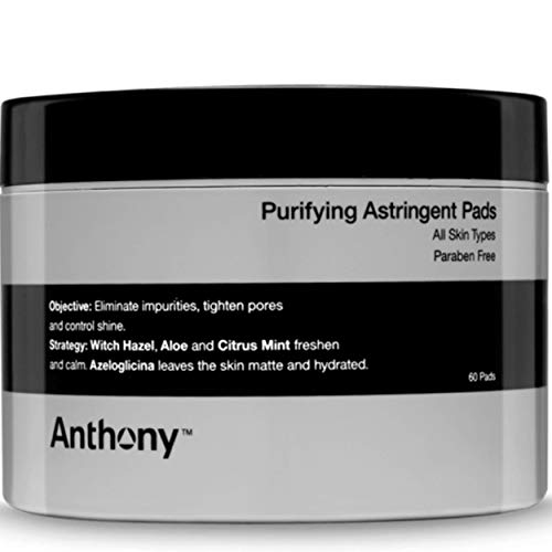 Anthony Purifying Astringent Toner Pads, 60 Count, Contains Witch Hazel, Aloe Vera, and Citrus Mint, to Eliminate Impurities, Tighten Pores and Control Shine