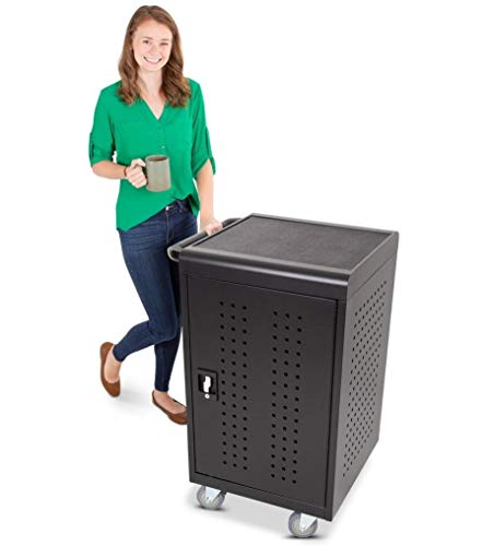 Line Leader 30 Unit Compact Mobile Charging & Storage Cart | Locking Cabinet Holds 30 Tablets, Laptops or Chromebooks | Mobile Lab w/Two 15-Outlet Power Strips | Great for School, Classroom & Library