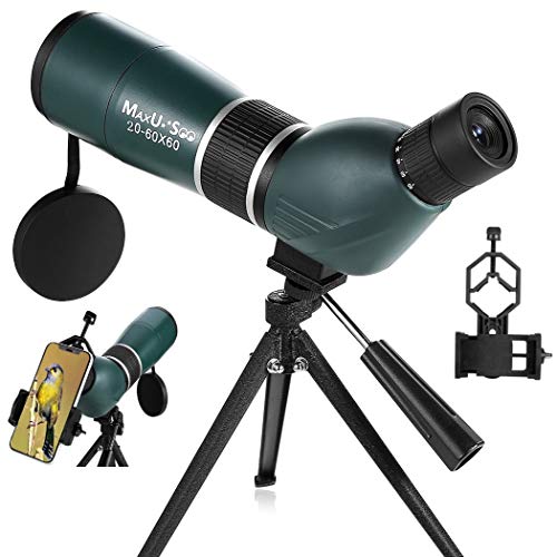 MaxUSee 20-60x60 Zoom HD Spotting Scope with Tripod, Carrying Bag and Phone Adapter, BAK4 Prism Full Multi-Coated Lens for Target Shooting Hunting Bird Watching Wildlife Scenery Moon Viewing