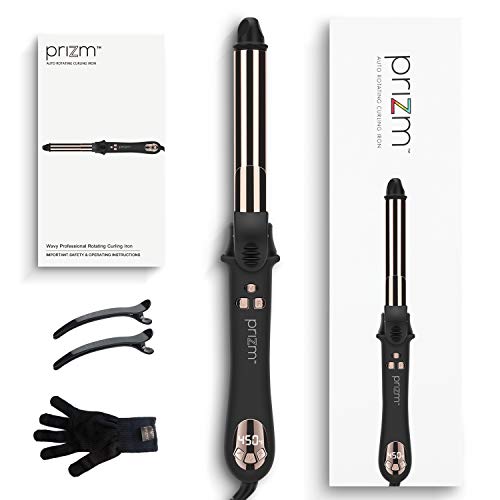 Prizm Wavy Professional Rotating Curling Iron Nano Titanium, Auto Hair Curler with 11 Adjustable Temps 250°F to 450°F for All Hair Types, Anti-Scald & Dual Voltage, Golden