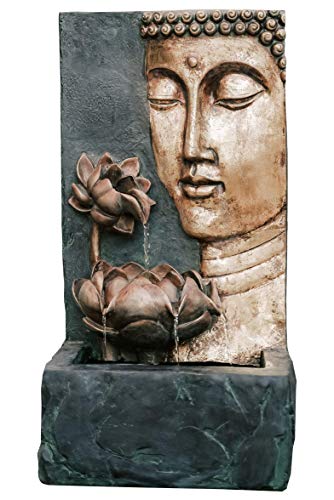 XBrand CR3012BDFTNA Indoor Outdoor Cascading Lotus Buddha Face Zen Water Fountain w/LED Light, 30 Inch Tall, Bronze and Natural Grey