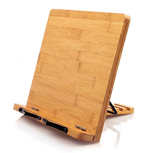 Bamboo Book Stand Cookbook Holder Desk Reading with 5 Adjustable Height, Foldable and Portable Kitchen Wooden Cooking Bookstands for Textbook, Recipe, Magazine, Laptop, Tablet by Pipishell