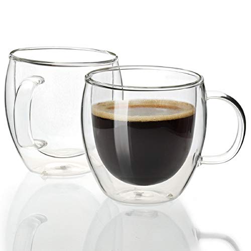 Sweese 412.101 Espresso Cups Shot Glass Coffee 5 oz Set of 2 - Double Wall Insulated Glass Mugs with Handle, Everyday Coffee Glasses Cups Perfect for Espresso Machine and Coffee Maker