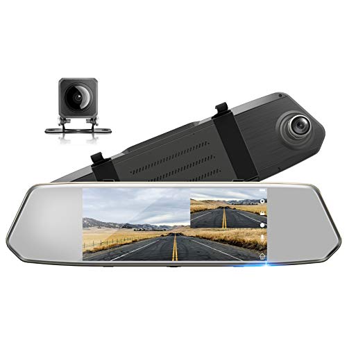 TOGUARD Backup Camera 7' Mirror Dash Cam Touch Screen 1080P Rearview Front and Rear Dual Lens with Waterproof Reversing Camera