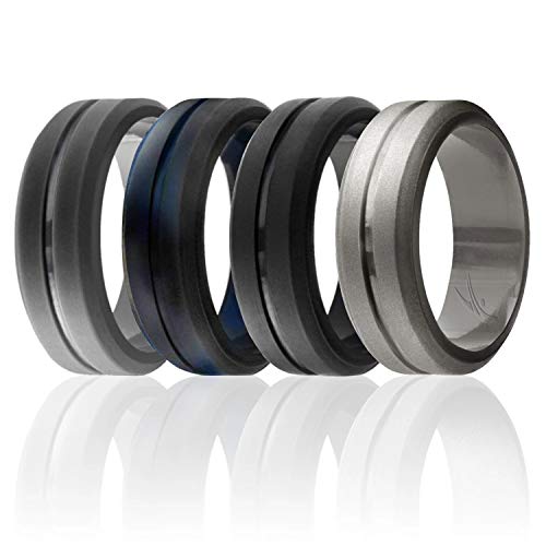 ROQ Silicone Wedding Ring for Men, Set of 4 Elegant, Affordable Silicone Rubber Wedding Bands, Brushed Top Beveled Edges -Black, Grey, Black-Blue Camo, Beveled Metallic Platinum - Size 11