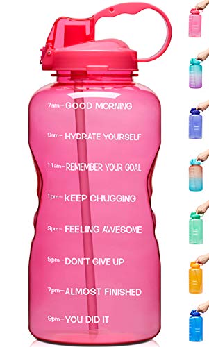 Venture Pal Large 1 Gallon/128 OZ (When Full) Motivational BPA Free Leakproof Water Bottle with Straw & Time Marker Perfect for Fitness Gym Camping Outdoor Sports-Pink