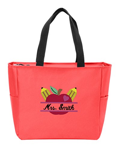 Personalized Canvas Tote Bag with Customizable Teacher's Apple Monogram Shoulder Bag for School Work, Travel and Shopping (Hibiscus)