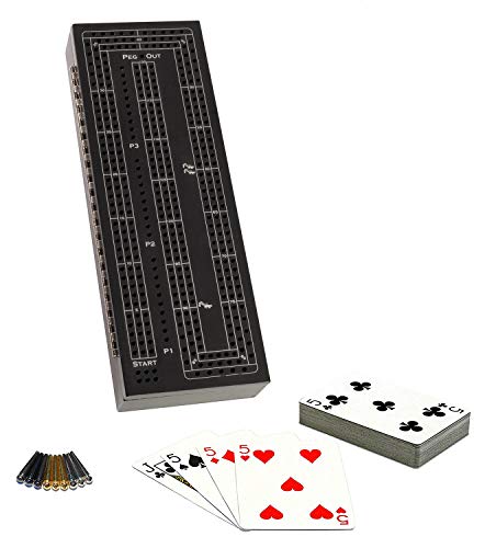 WE Games 3 Player Wood Cribbage Set - Easy Grip Pegs and 2 Decks of Cards Inside of Board - Black Stained