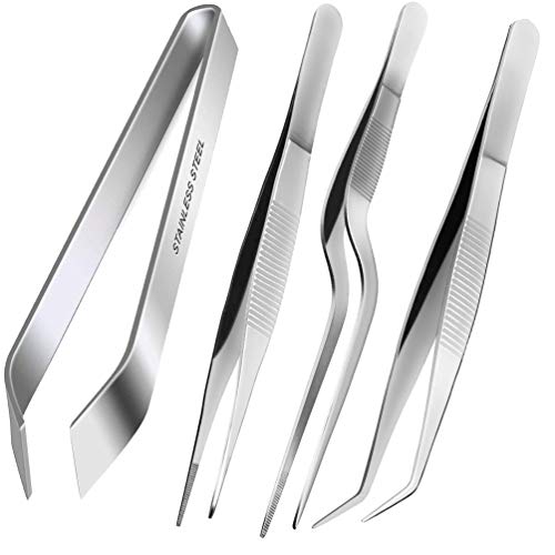 Tongs Tweezers, 4-Piece Set 6.3 inches Stainless Steel Tongs Tweezer with Chef Cooking Utensils/Precision Serrated Tips/Medical Beauty Utensils/Tool S