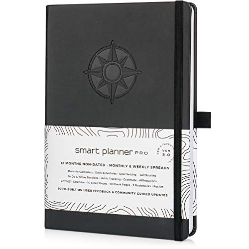 Smart Planner Pro - Daily Planner Tested & Proven to Achieve Goals & Increase Productivity, Time Management & Happiness - Weekly Monthly Planner with Gratitude Journal, Hardcover, Undated, Start Anytime, A5, Lasts 1 Year, (Black)