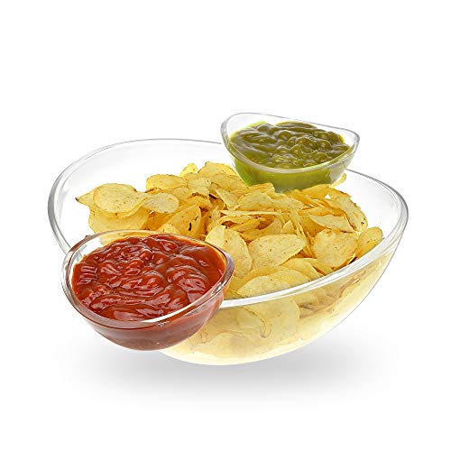 Chips and Dips Bowl 3pc Set - Generously sized bowl and 2 detachable cups for dips - Great for Salad, Chips, Dips, Salsa and other Snacks