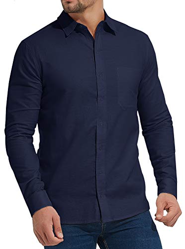 Aimeilgot Men's Button Down Regular Fit Long Sleeve Linen Casual Shirts(XL, Navy Blue)