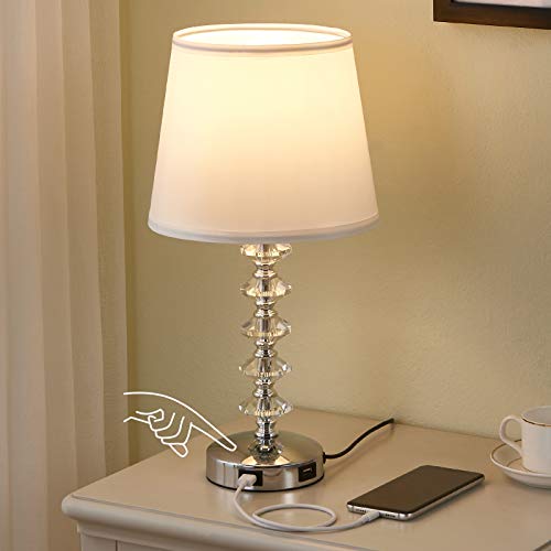 Touch Bedside Lamp with 2 USB Ports, Crystal Touch Table Lamp Nightstand Lamp for Bedroom, 3 Way Dimmable Bedside Table Lamp for Bedroom, Living Room and Office (LED Bulb Included)