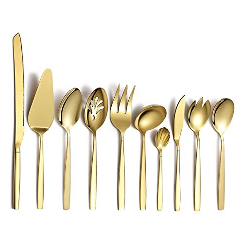 Berglander Gold Silverware Serving Set 10 Pieces, Stainless Steel Flatware Serving Set With Gold Titanium Plating, Silver Serving Utensil, Anti Rust (10 Pieces)