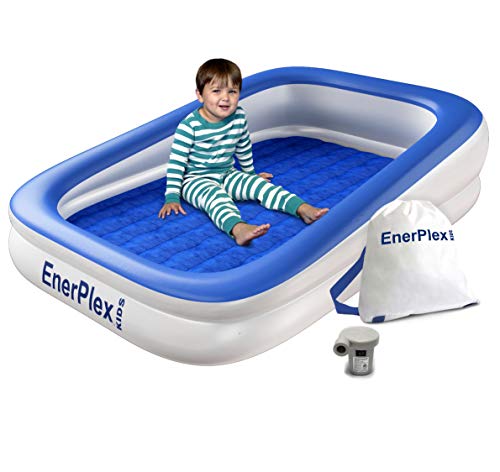 EnerPlex Kids Inflatable Toddler Travel Bed with High Speed Pump, Portable Air Mattress for Kids, Blow up Mattress with Sides – Built-in Safety Bumper - Blue 2-Year Warranty