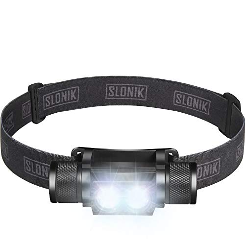 SLONIK 1000 Lumen Rechargeable 2x CREE LED Headlamp w/ 2200 mAh Battery - Lightweight, Durable, Waterproof and Dustproof Headlight - Xtreme Bright 600 ft Beam - Camping and Hiking Gear