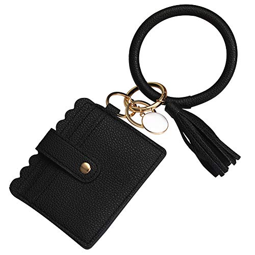 Leather-Keyrings-Tassel Wristlet Keychain-Round Key Chain Wrist Bracelet-Large Circle Keyring Bangle for Women Girls (Black)